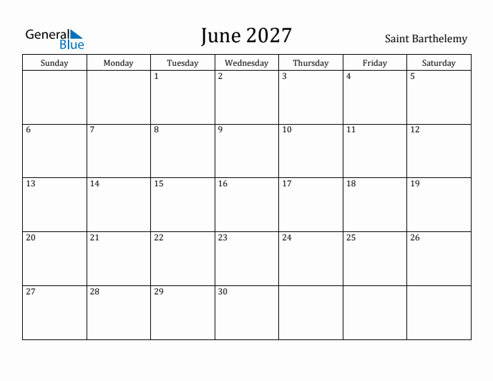 June 2027 Calendar Saint Barthelemy