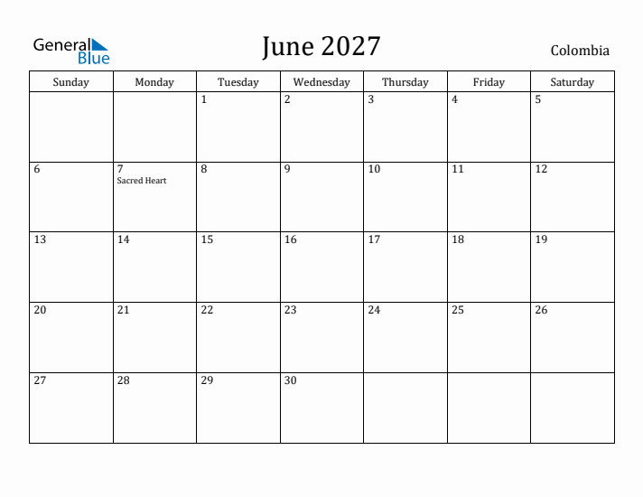June 2027 Calendar Colombia