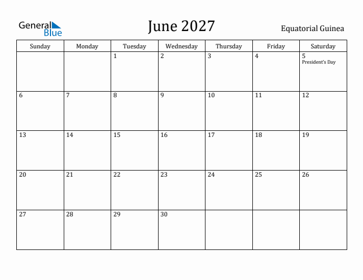 June 2027 Calendar Equatorial Guinea