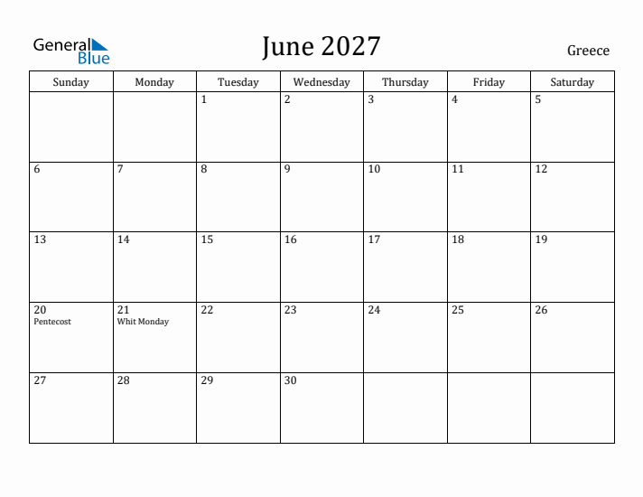 June 2027 Calendar Greece