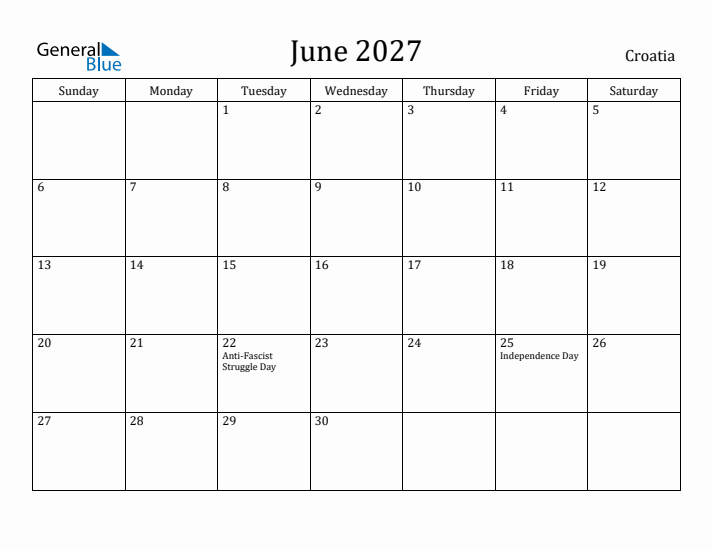 June 2027 Calendar Croatia