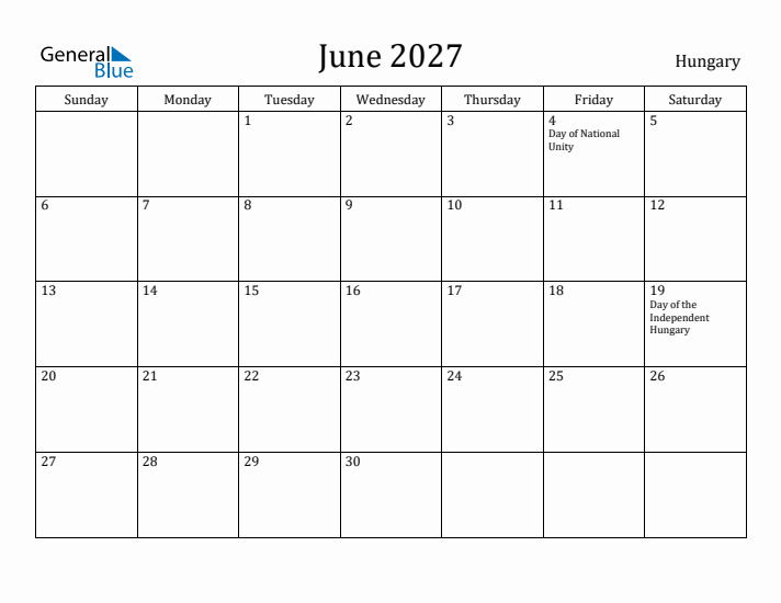 June 2027 Calendar Hungary