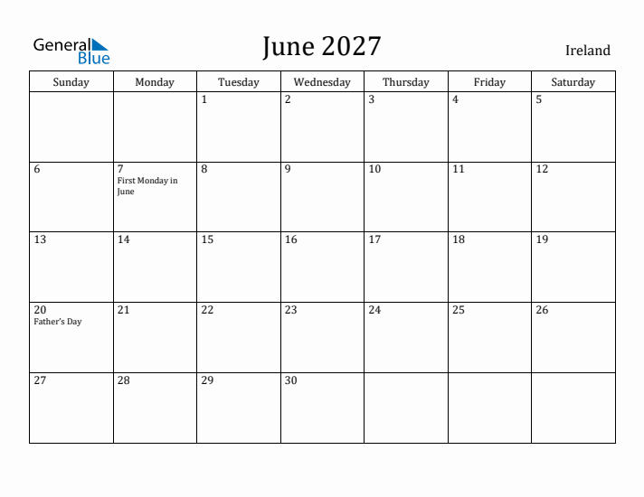 June 2027 Calendar Ireland