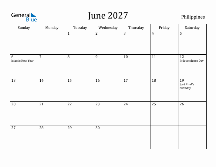June 2027 Calendar Philippines