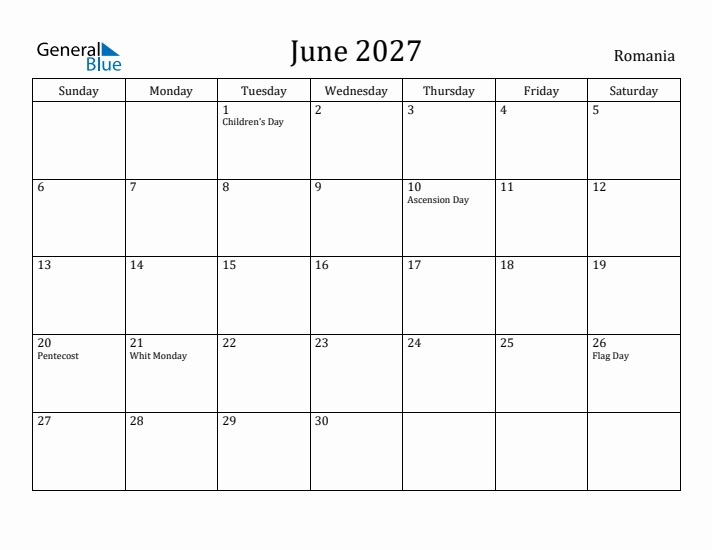 June 2027 Calendar Romania