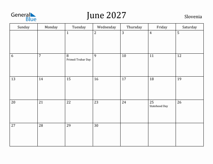 June 2027 Calendar Slovenia