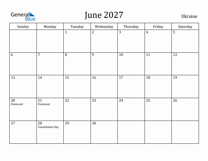 June 2027 Calendar Ukraine