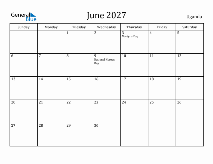 June 2027 Calendar Uganda