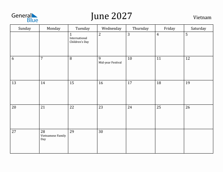June 2027 Calendar Vietnam