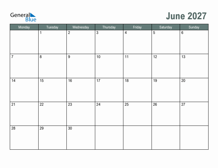 Free Printable June 2027 Calendar