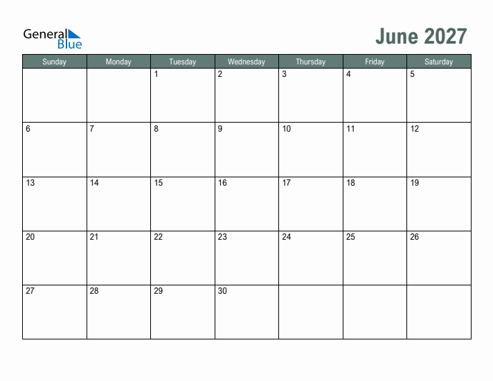 Free Printable June 2027 Calendar