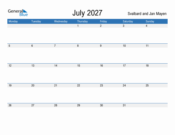 Fillable July 2027 Calendar