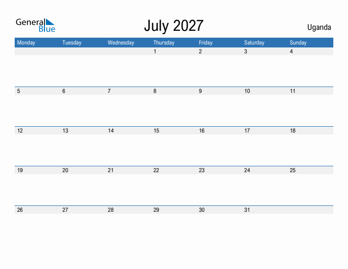 Fillable July 2027 Calendar