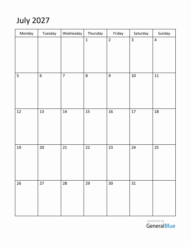Monday Start Calendar for July 2027