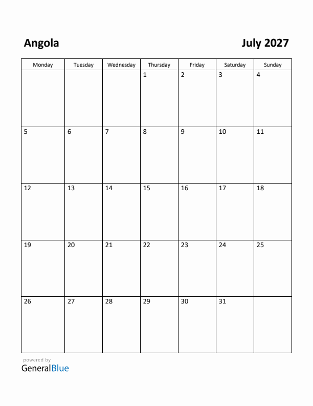 July 2027 Calendar with Angola Holidays