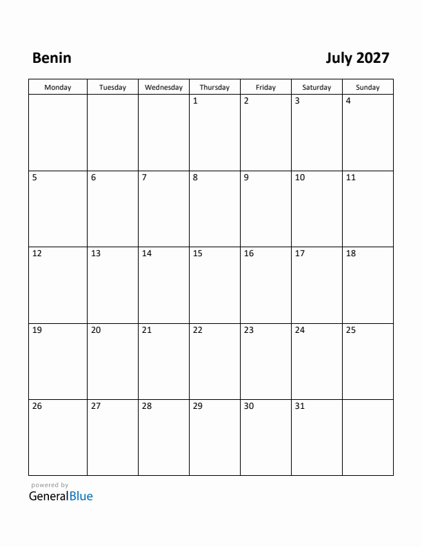 July 2027 Calendar with Benin Holidays