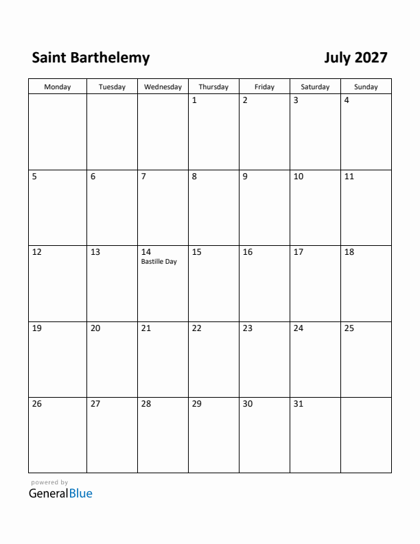 July 2027 Calendar with Saint Barthelemy Holidays