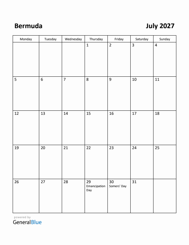 July 2027 Calendar with Bermuda Holidays