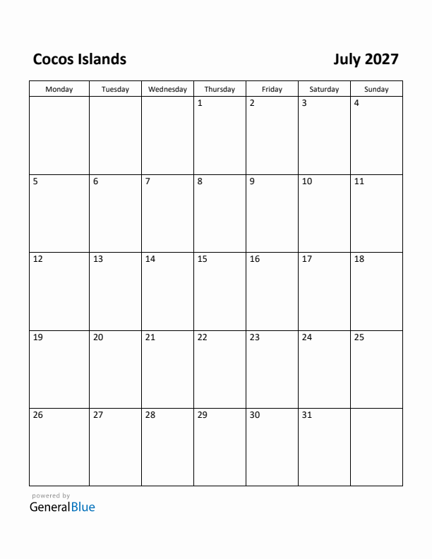 July 2027 Calendar with Cocos Islands Holidays