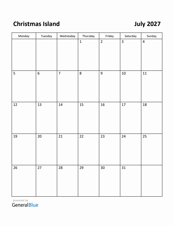 July 2027 Calendar with Christmas Island Holidays