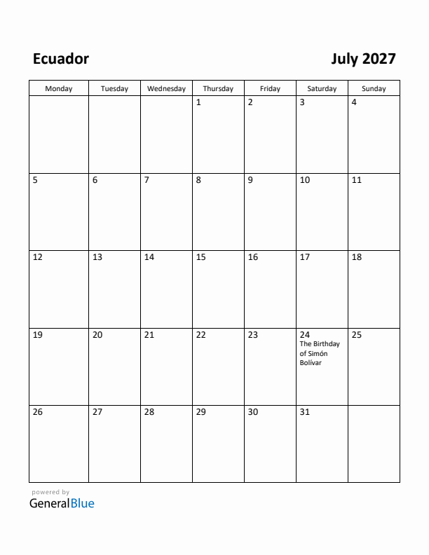 July 2027 Calendar with Ecuador Holidays