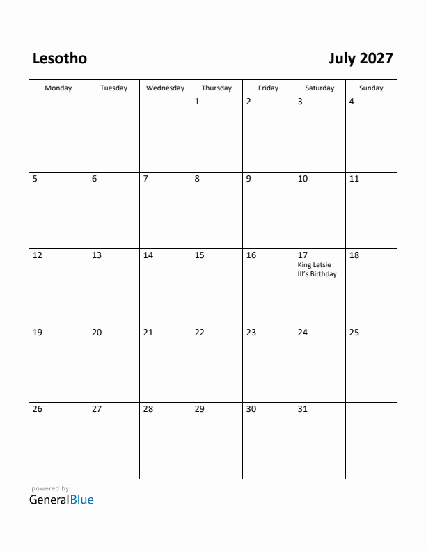 July 2027 Calendar with Lesotho Holidays