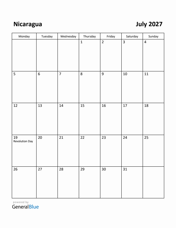 July 2027 Calendar with Nicaragua Holidays