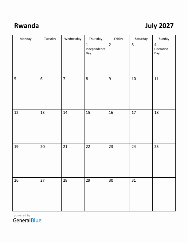 July 2027 Calendar with Rwanda Holidays