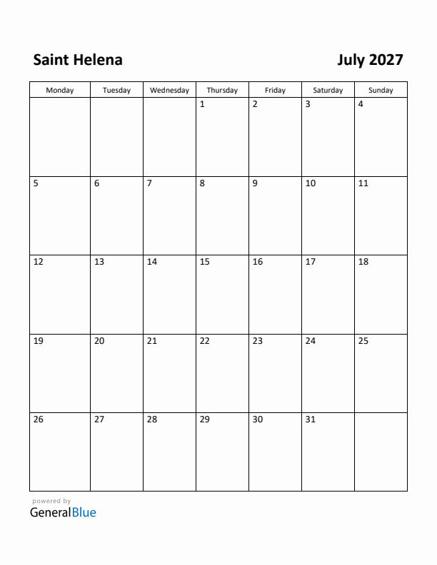 July 2027 Calendar with Saint Helena Holidays