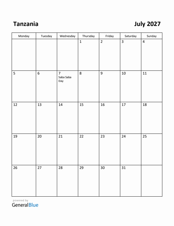 July 2027 Calendar with Tanzania Holidays