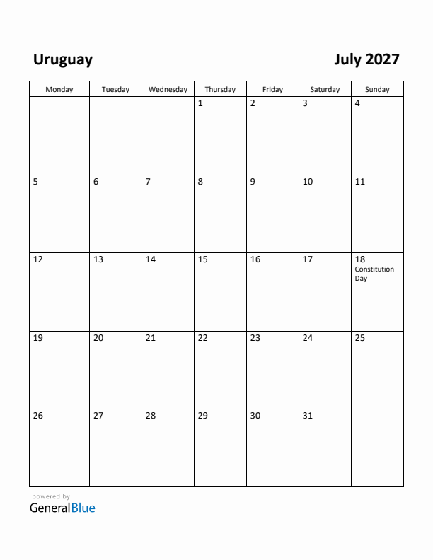 July 2027 Calendar with Uruguay Holidays