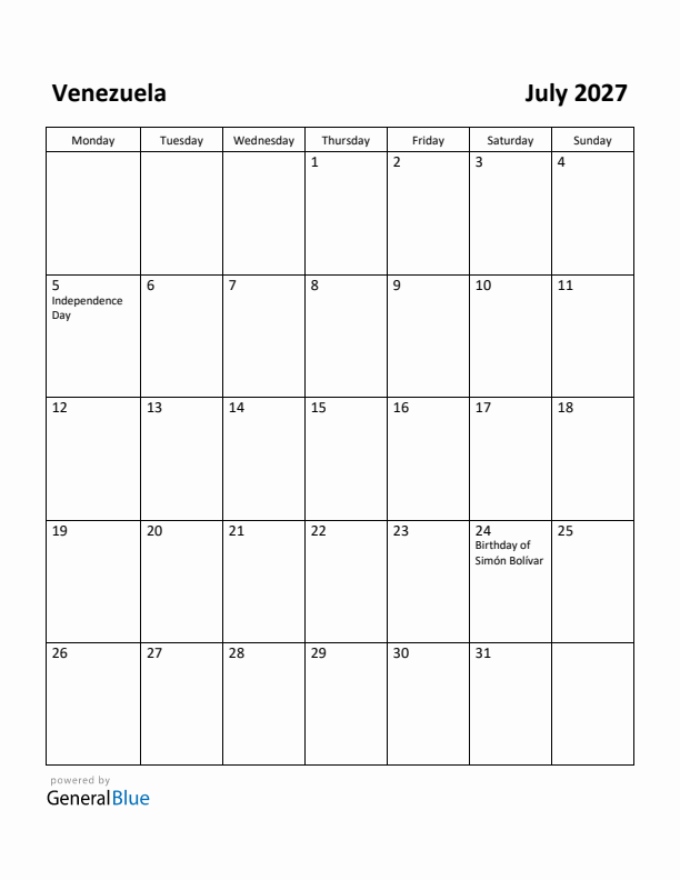 July 2027 Calendar with Venezuela Holidays