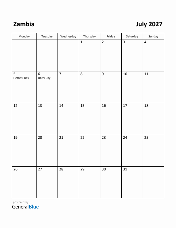 July 2027 Calendar with Zambia Holidays