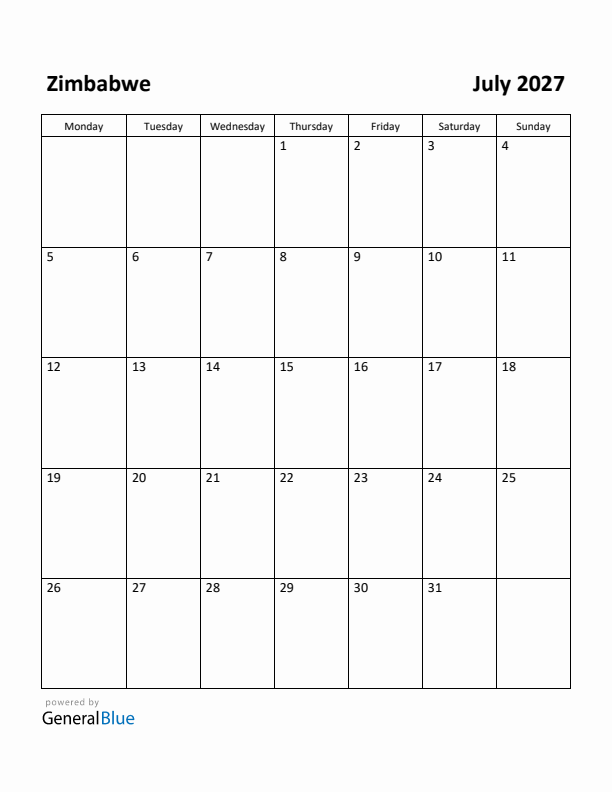 July 2027 Calendar with Zimbabwe Holidays