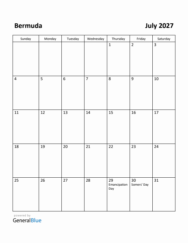 July 2027 Calendar with Bermuda Holidays