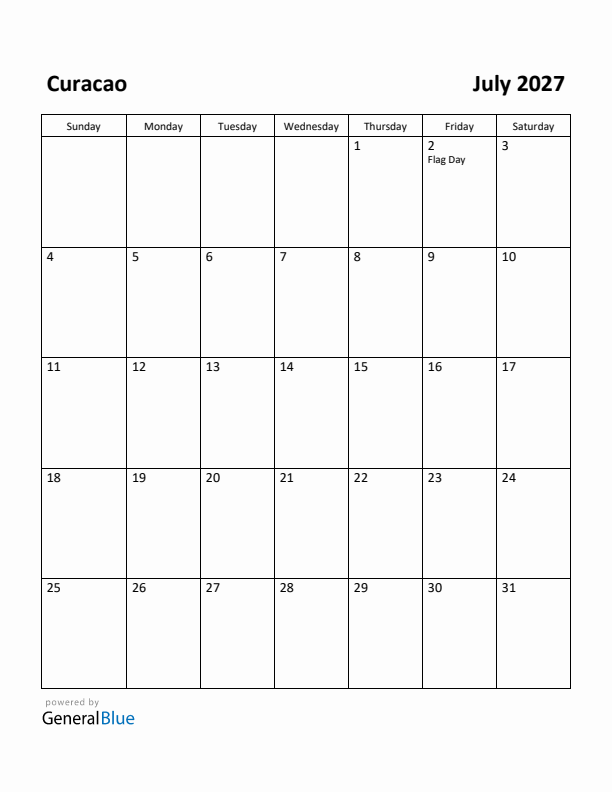 July 2027 Calendar with Curacao Holidays