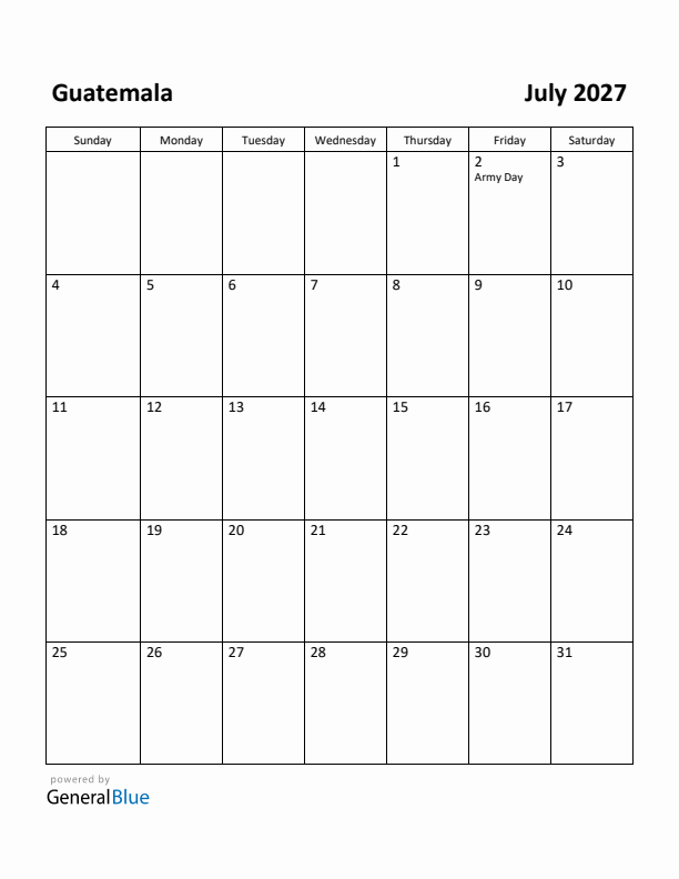 July 2027 Calendar with Guatemala Holidays