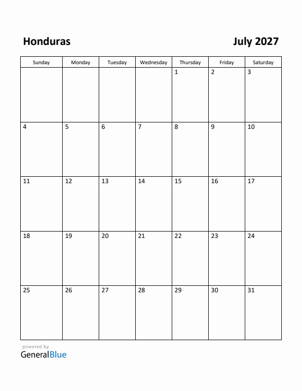 July 2027 Calendar with Honduras Holidays