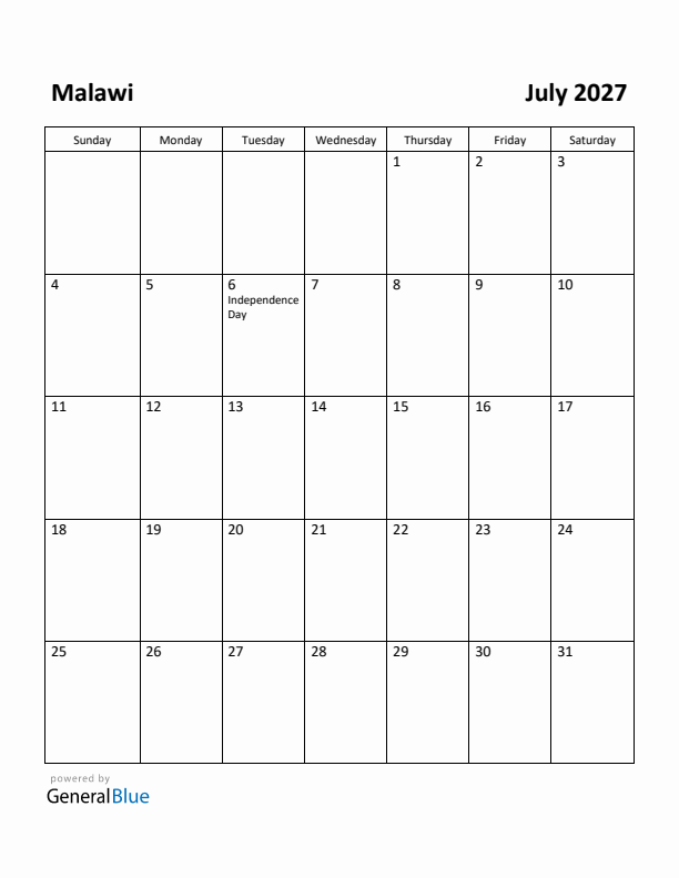 July 2027 Calendar with Malawi Holidays