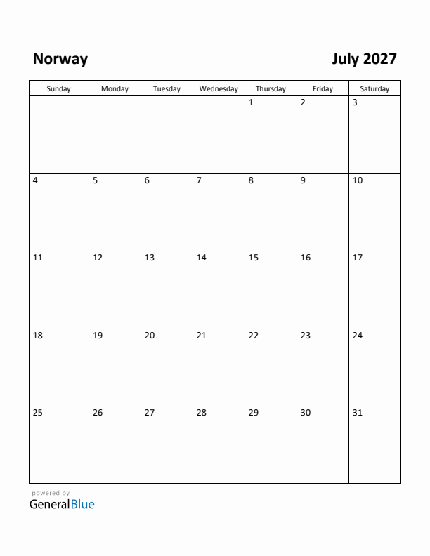 July 2027 Calendar with Norway Holidays
