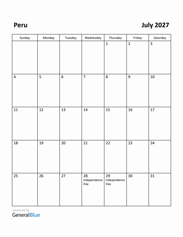 July 2027 Calendar with Peru Holidays