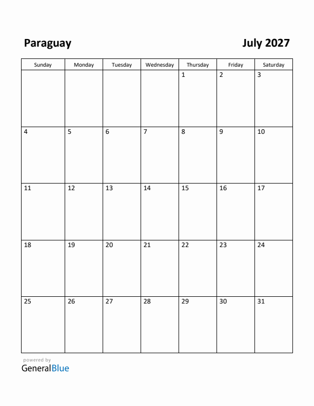 July 2027 Calendar with Paraguay Holidays