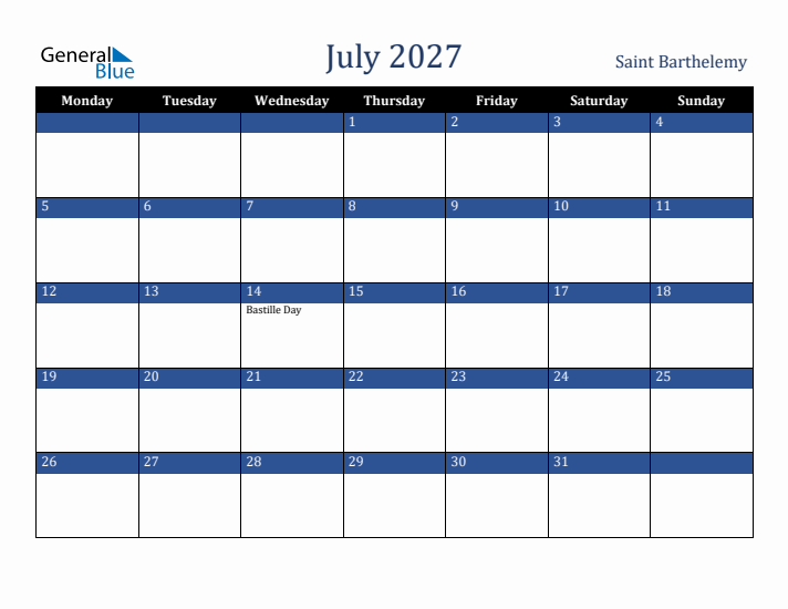 July 2027 Saint Barthelemy Calendar (Monday Start)