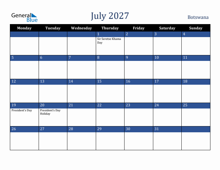July 2027 Botswana Calendar (Monday Start)