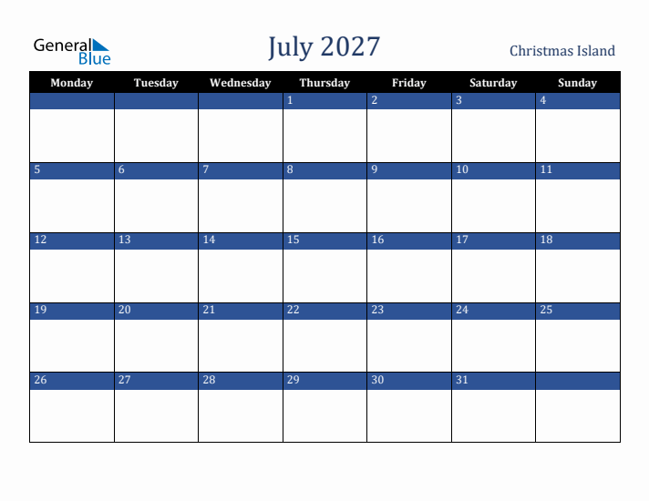 July 2027 Christmas Island Calendar (Monday Start)