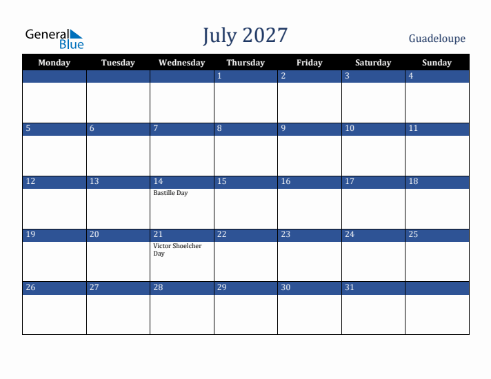 July 2027 Guadeloupe Calendar (Monday Start)
