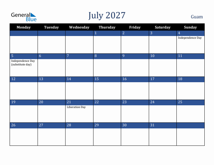 July 2027 Guam Calendar (Monday Start)