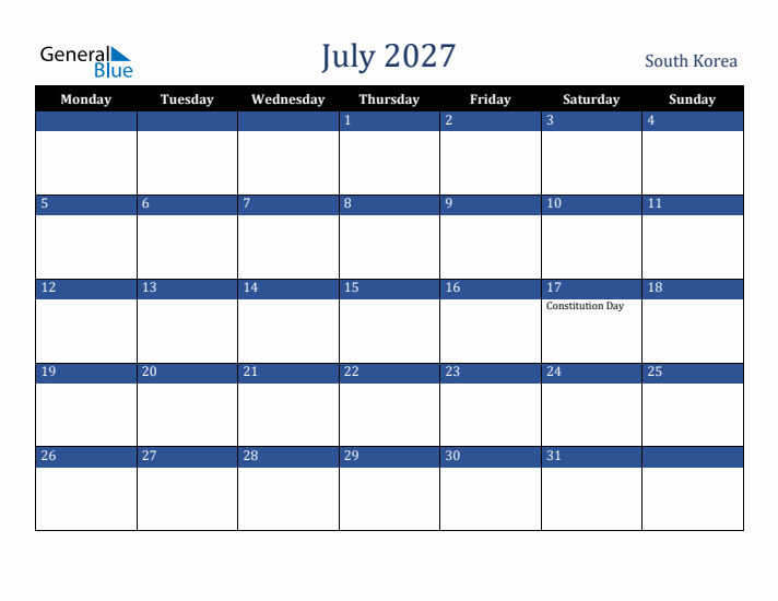July 2027 South Korea Calendar (Monday Start)