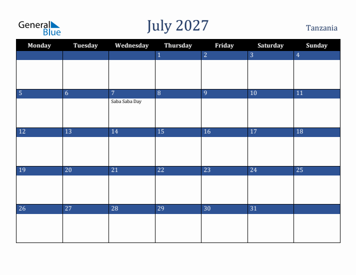 July 2027 Tanzania Calendar (Monday Start)