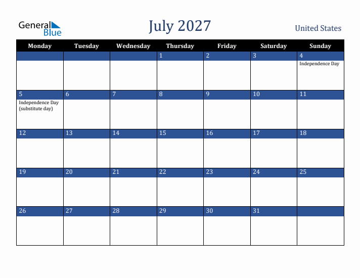 July 2027 United States Calendar (Monday Start)